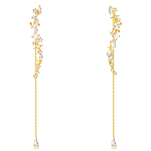 Náušnice zo 14K zlata - pásik v tvare vlnky s ozdobami, číre zirkóny