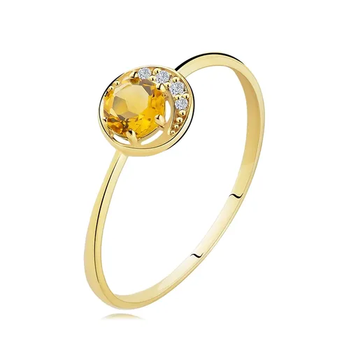 Prsteň zo žltého 9K zlata - úzky kosáčik mesiaca, žltý citrín, zirkóniky čírej farby - Veľkosť: 50 mm