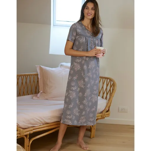 Dlhá nočná košeľa s krátkymi rukávmi a potlačou ruží