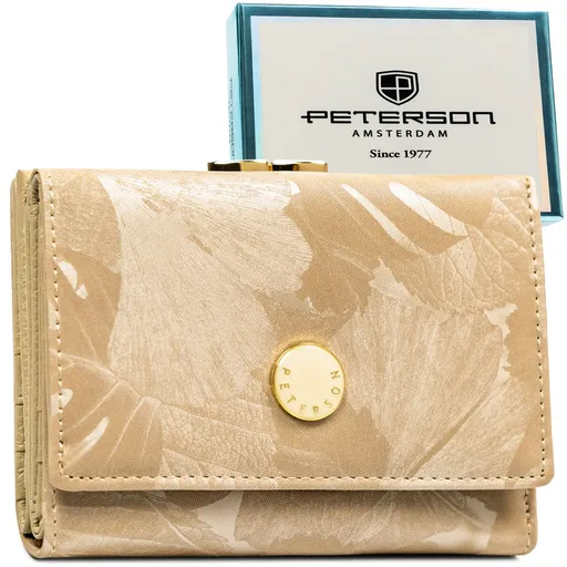 Béžová dámska kožená peňaženka s rastlinným vzorom a RFID ochranou