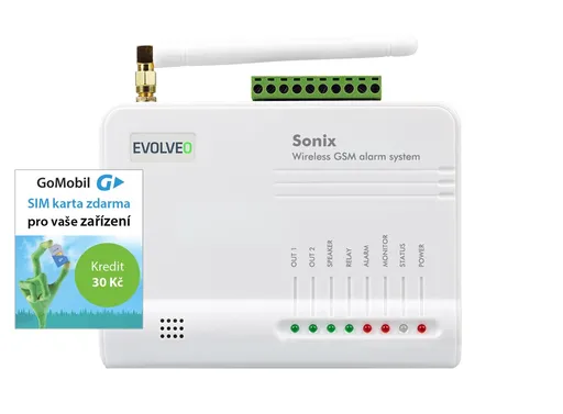 EVOLVEO Sonix - bezdrôtový GSM alarm (4 ks diaľk. ovl., PIR čidlo pohybu, čidlo na dvere/okno, externé repro, Android/iPhone