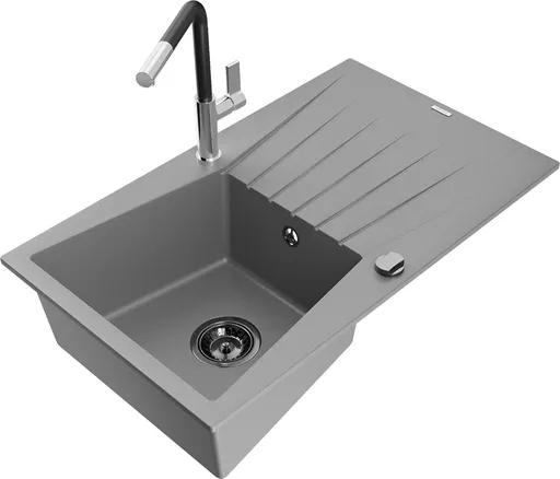 MEXEN/S MEXEN/S - Cesar granitový drez 1-miska s odkvapkávačom vrátane batérie Flora, šedá 6514-71-670401-07-B