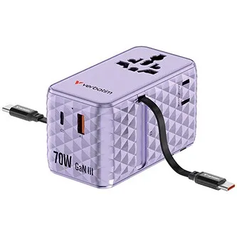 Verbatim 30188, Univerzálny cestovný adaptér Charge ,n, Travel 1x USB-C, 1X USB-A + 2x integrovaný kábel USB-C, fialová, 70 W