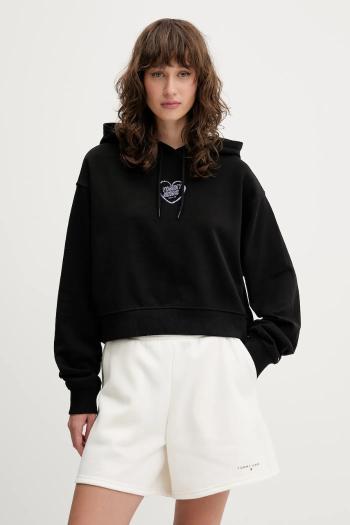 Bavlnená mikina Tommy Jeans čierna farba, s kapucňou, s potlačou, DW0DW21408