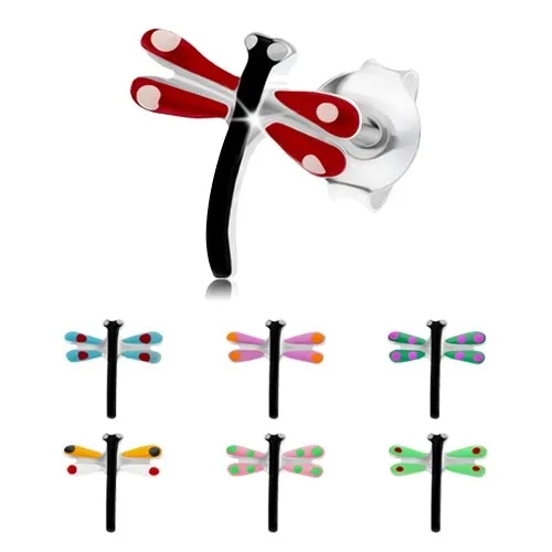 Náušnice zo striebra 925, čierna vážka s farebnými krídlami, glazúra - Farba: Červená