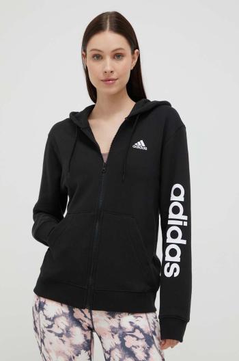 Bavlnená mikina adidas dámska, čierna farba, s kapucňou, s potlačou