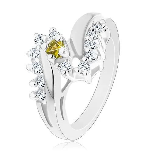 Trblietavý prsteň s lesklými ramenami, okrúhly zirkón v zelenožltej farbe, číry lem - Veľkosť: 51 mm