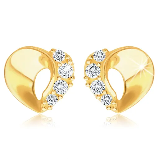 Zlaté 9K náušnice - nesúmerné srdiečko so zvlnenou líniou a zirkónmi čírej farby