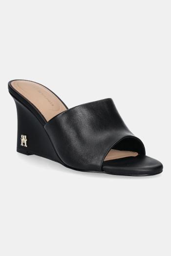 Šľapky Tommy Hilfiger LEATHER WEDGE MULE čierna farba, na kline, FW0FW08418
