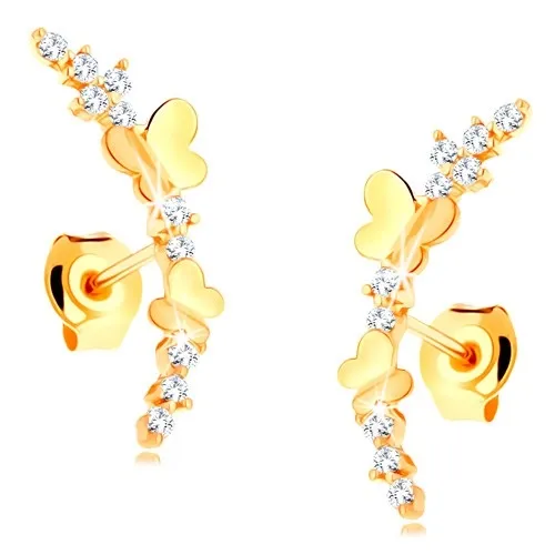 Náušnice zo žltého 14K zlata - číra zirkónová vetvička, lesklé motýle