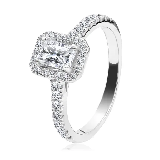 Strieborný 925 prsteň - obdĺžnikový zirkón, číra obruba, zirkónové ramená - Veľkosť: 60 mm