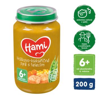 Hami Hráškovo kukuričné pyré s teľacím 200 g,HAMI Príkrm mäsovo-zeleninový Pyré hráškovo-kukuričnés teľacím mäsom (200 g)