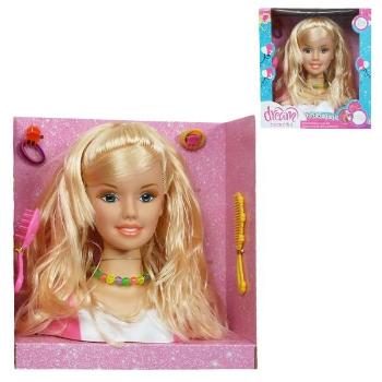 Česacia hlava s dlhými blond vlasmi a doplnkami