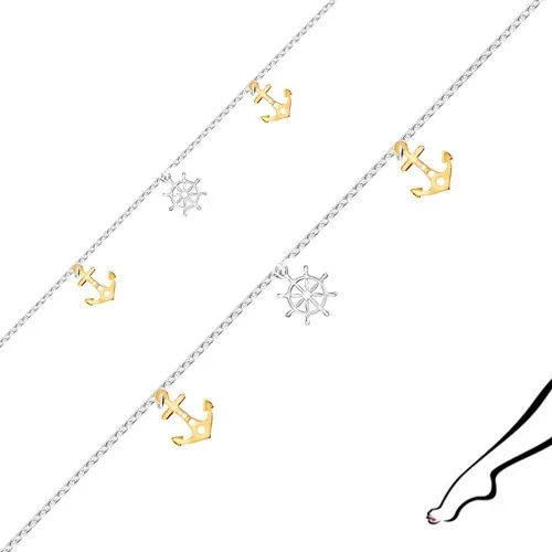 Strieborný náramok na nohu 925 - lodné kormidlo, kotvy, oválne očká