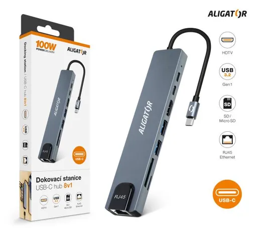 Aligator Dokovacia stanica USB-C/Hub 8v1 (USB-C/2xUSB/SD/MicroSD/HDTV/RJ45)
