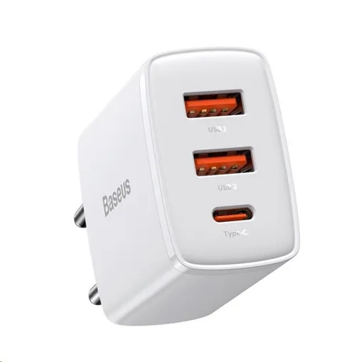 Baseus kompaktný rýchlonabíjací adaptér 2x USB-A, 1x Type-C 30W biela