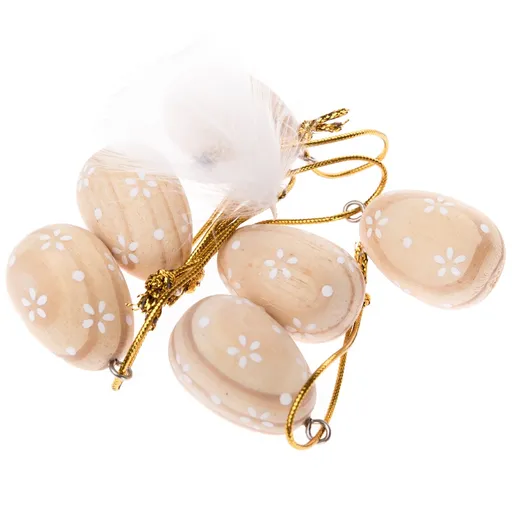 Súprava závesných drevených vajíčok Flowers, 6 ks