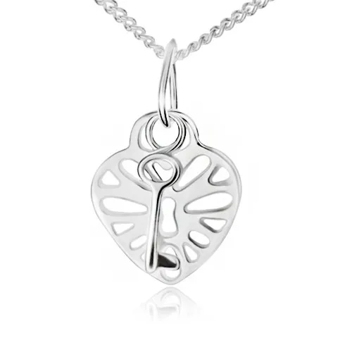 Náhrdelník zo striebra 925, vyrezávaná srdcová zámka a kľúč