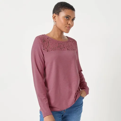 Tričko s okrúhlym výstrihom, dlhými rukávmi a čipkou
