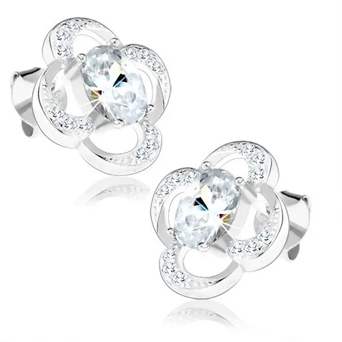 Náušnice zo striebra 925, kontúra kvietku s drobnými zirkónmi, brúsený zirkón v strede, ródiované