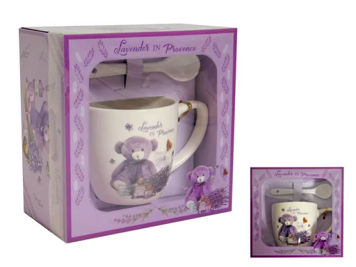 MAKRO - Hrnček a lyžička v darčekovej taške levanduľa medvedík