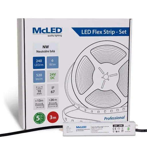 McLED LED páska - sada 3 m, 240 LED/m, NW, 6 W/m, DC 24V, 520 lm/m, CRI90, IP67, 10 mm, vodič 3 m ML-126.033.90.S03001