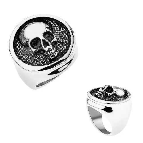 Prsteň z ocele 316L, kruh s vyvýšeným lemom, lebka, čierna patina - Veľkosť: 57 mm