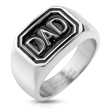 Prsteň z ocele 316L striebornej farby, čierny obdĺžnik s nápisom DAD - Veľkosť: 62 mm