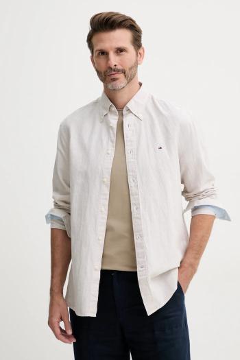 Košeľa s prímesou ľanu Tommy Hilfiger béžová farba, regular, s golierom button-down, MW0MW40704