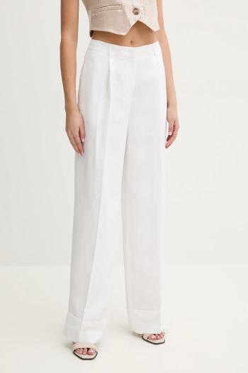 Nohavice s prímesou ľanu Blugirl Blumarine dámske, biela farba, rovné, vysoký pás, RA5161.T8823