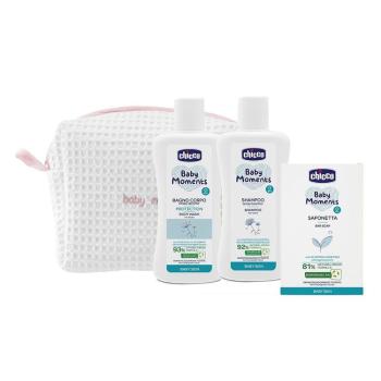 Chicco Baby Moments tuhé mydlo na ruky 100 g + detský šampón na vlasy 200 ml + šampón na celé telo pre deti 200 ml + kozmetická taška darčeková sada,C