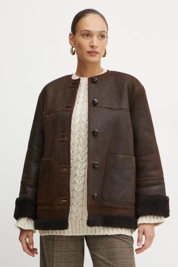 Kožená bunda Weekend Max Mara dámska, hnedá farba, prechodná, 2425416013600