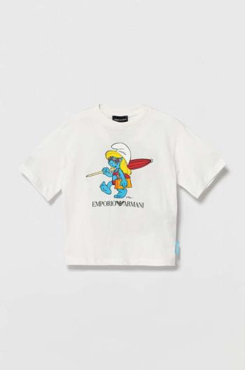 Detské bavlnené tričko Emporio Armani The Smurfs biela farba, s potlačou