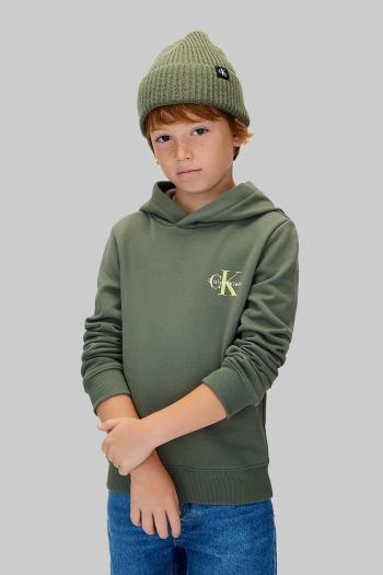 Detská bavlnená mikina Calvin Klein Jeans zelená farba, s kapucňou, s potlačou, IU0IU00712