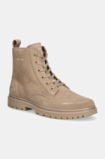 Kožené topánky Calvin Klein Jeans EVA BOOT MID LACEUP ICONIC DRESS pánske, béžová farba, YM0YM01070