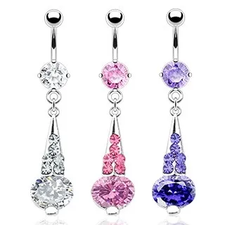 Oceľový piercing do pupku, trojuholník vykladaný zirkónmi, oválny kamienok - Farba piercing: Ružová