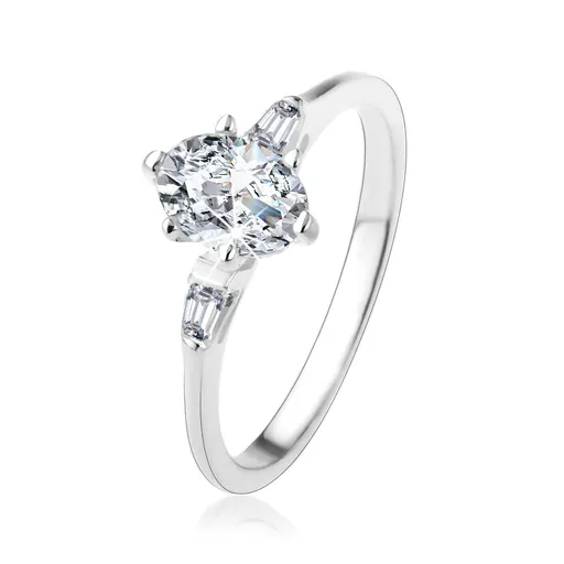 Strieborný prsteň 925, oválny číry zirkón, malé zirkónové lichobežníky - Veľkosť: 56 mm