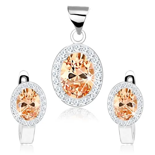 Sada zo striebra 925, prívesok a náušnice, oválny tmavožltý zirkón s lemom