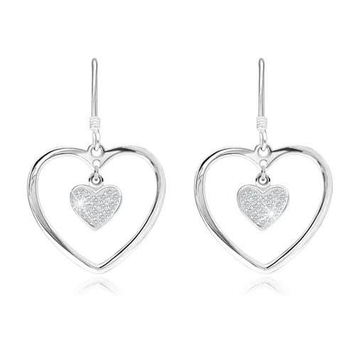 Strieborné náušnice 925, kontúra srdca, zirkónové srdiečko, afroháčik