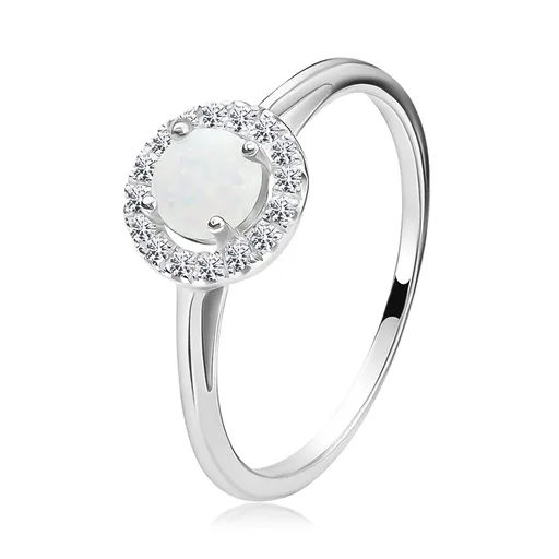 Prsteň v striebre 925 - biely syntetický opál, zirkónový kruh, zdvojené ramená - Veľkosť: 60 mm