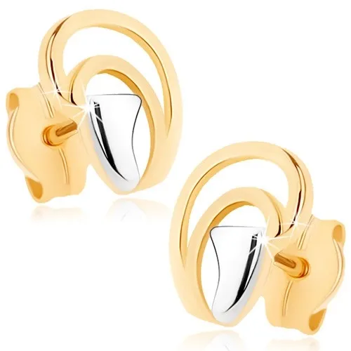 Zlaté náušnice 9K asymetrická kvapka v kombinovanom zlate