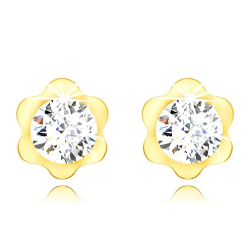 Zlaté puzetové náušnice 375 - kvietok so vsadeným ligotavým zirkónom uprostred