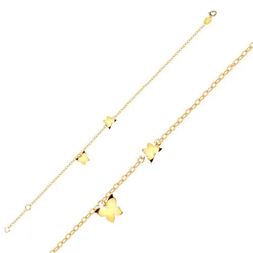 Zlatý 9K náramok - motýliky v žltom zlate, lesklá retiazka z oválnych očiek