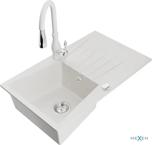 MEXEN/S MEXEN/S - Cesar granitový drez 1 s odkvapkávačom vrátane batérie Savita, biela 6514-20-672601-20