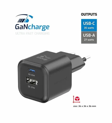 SWISSTEN SIEŤOVÝ ADAPTÉR GaN 1x USB-C 35W PD + 1x USB-A 27W QC ČIERNY