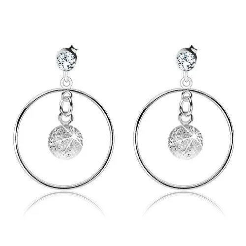 Strieborné náušnice 925, žiarivá guľôčka v kontúre kruhu, číre krištále Preciosa