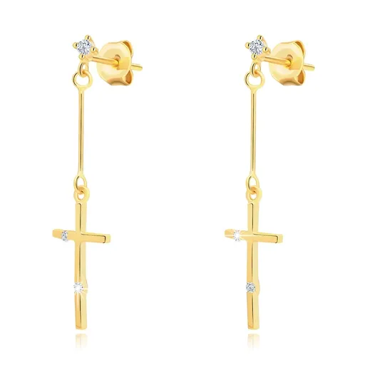 Zlaté náušnice 14K s latinským krížom a čírymi zirkónmi