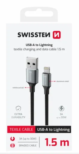 SWISSTEN DÁTOVÝ KÁBEL TEXTILE II USB / LIGHTNING 1,5 M ČIERNY