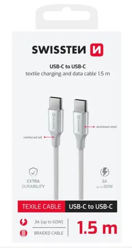 SWISSTEN DÁTOVÝ KÁBEL TEXTILE II USB-C / USB-C 1,5 M BIELÝ