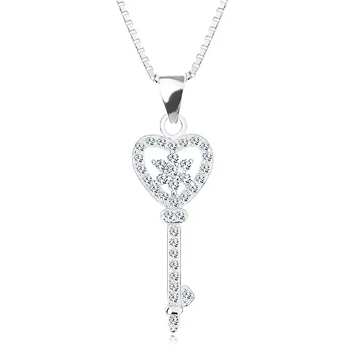 Strieborný 925 náhrdelník - retiazka s príveskom, zirkónový kľúč - srdce, kvet